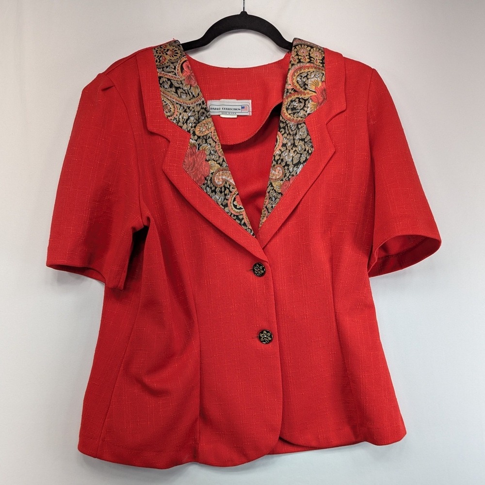 Pablo Collection Vintage Red Short Sleeve Paisley Lapel Blazer Jacket Size 14